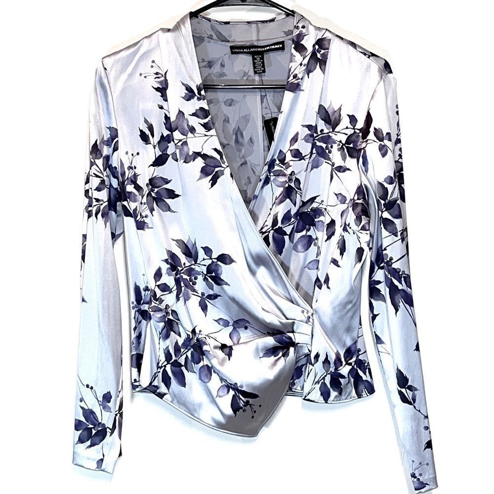 NWT Linda Allard Ellen Tracey Luxurious Silk Lilac Floral Wrap Top Blouse 12 P